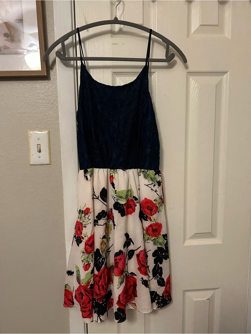 Girls' Navy Lace Bodice Floral Skater Dress